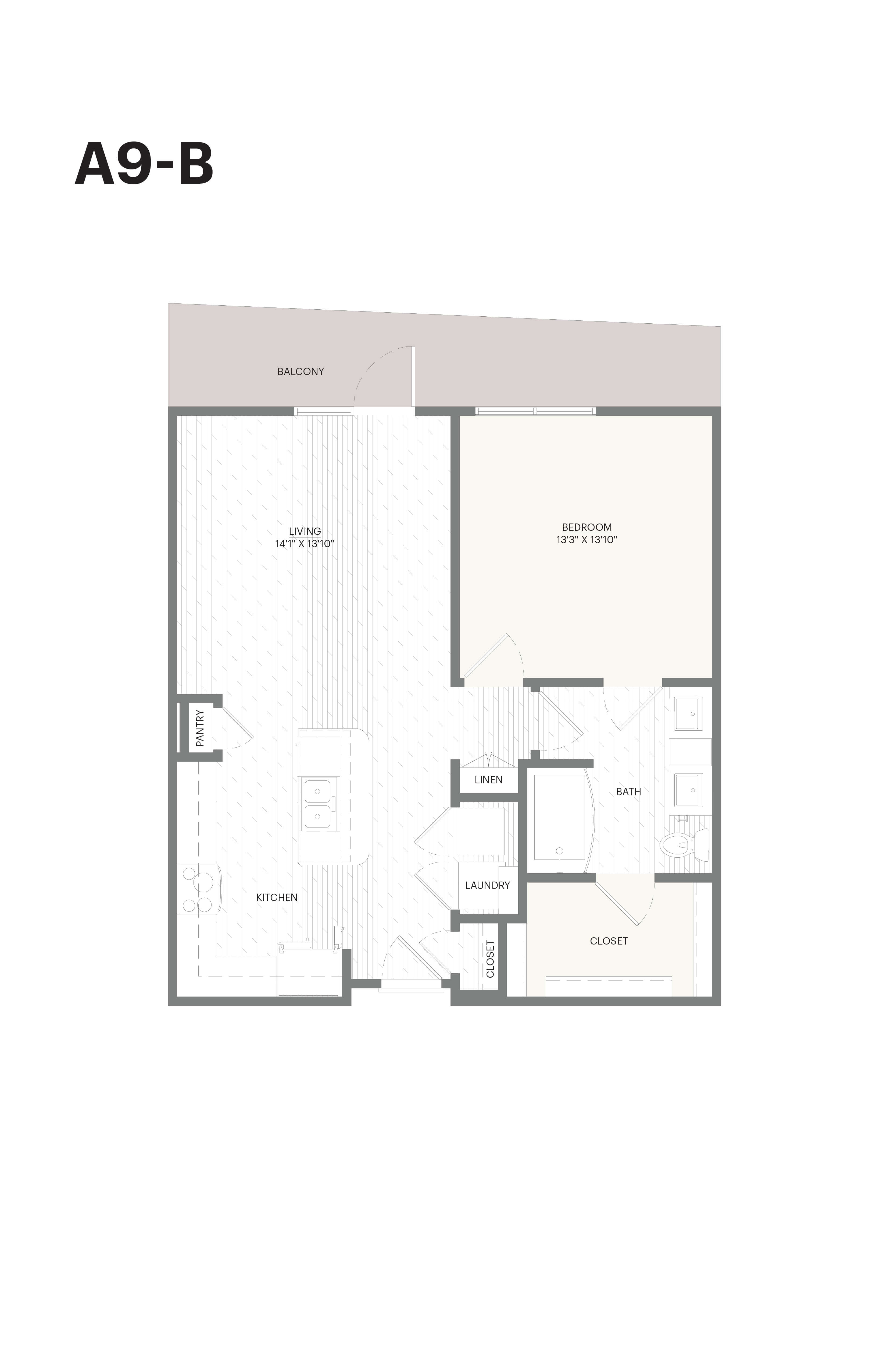 Floor plan for 1 bed, 1 bath, 846 sqft